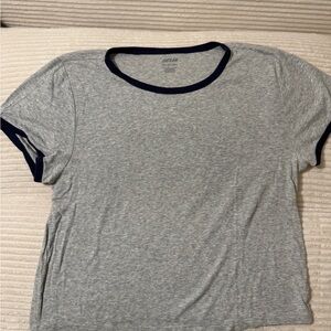 Aerie Heather Gray Ribbed Baby Tee with Navy Trim